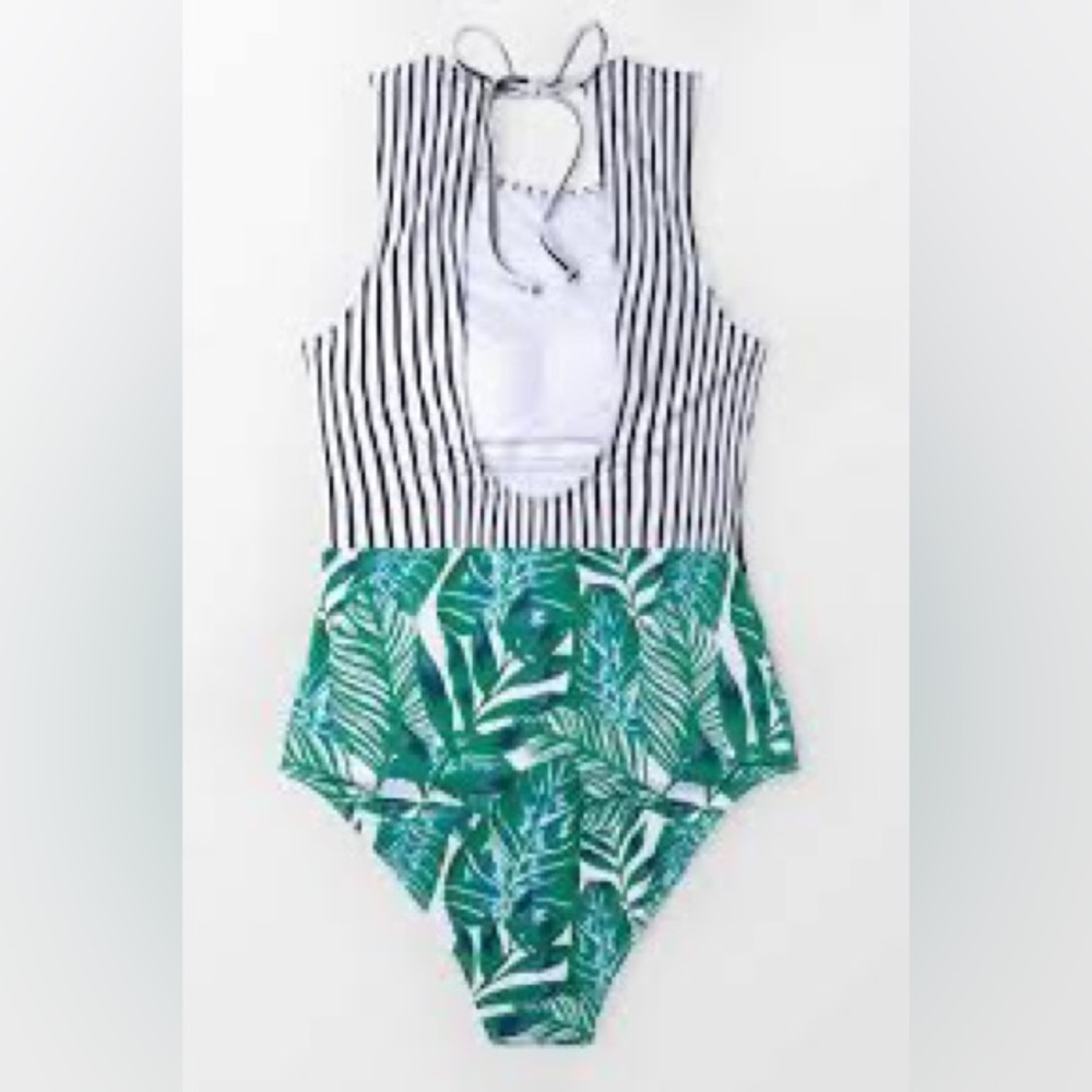 Women’s black striped tropical leafy one piece swimsuit size medium NWT - Picture 7 of 7